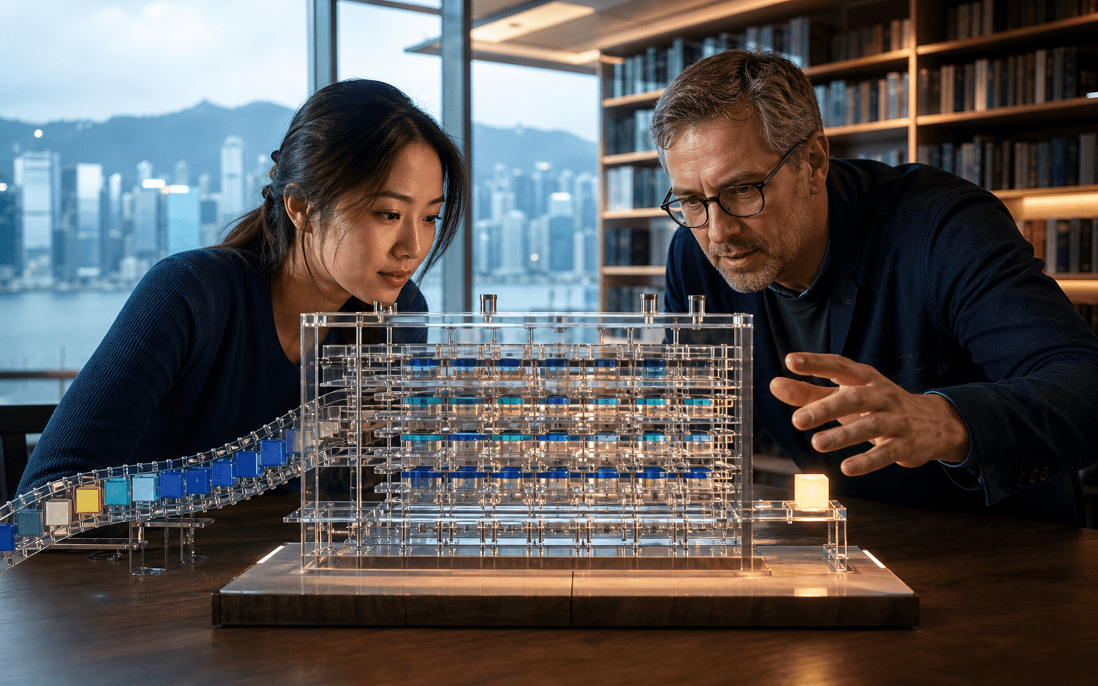 An educator and adult learner inspect a transparent layered language-model apparatus