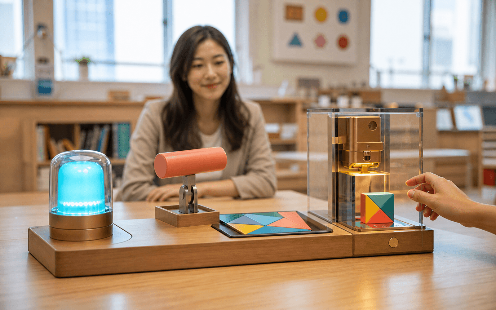 A learner operates a three-stage classroom feedback apparatus while an educator observes
