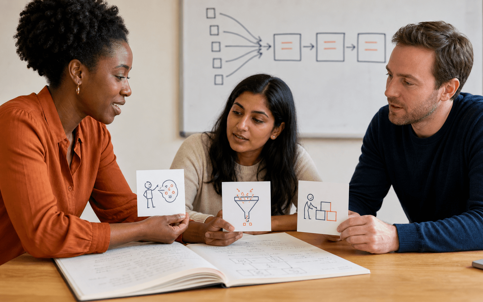 Three racially diverse adult educators and learners compare illustrated cards and a filled notebook beside a cognitive-load diagram