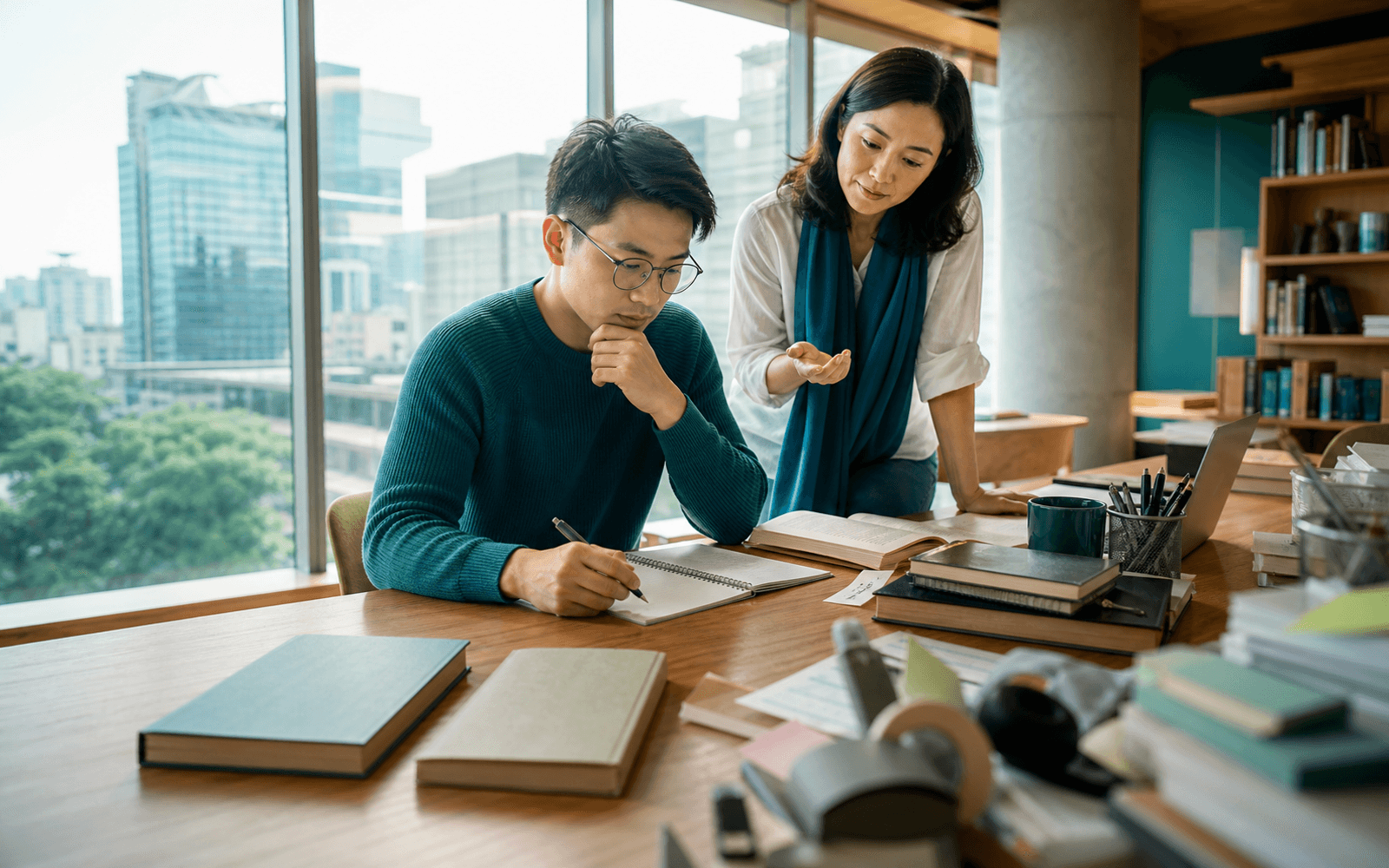 An adult learner studies beside an educator at a desk divided between organized and distracting materials