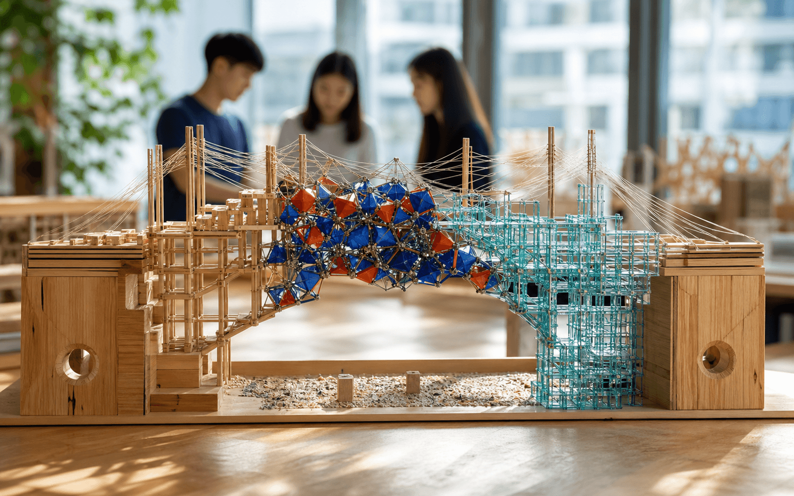 A bridge-like model built from wood, colorful blocks, and transparent scaffolds with learners behind it