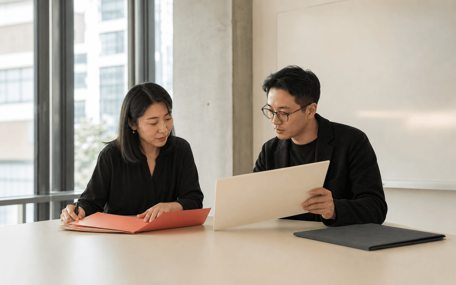 Two East Asian education professionals compare a coral folder, an ivory board, and a separate charcoal folder in a bright university studio