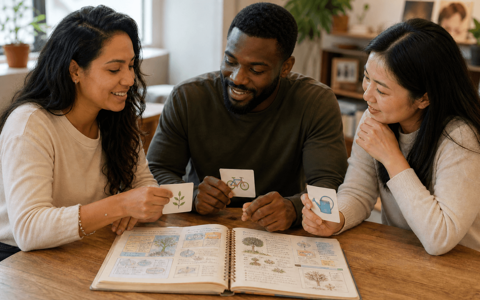 Three racially diverse adult educators and learners compare illustrated task cards with a filled memory scrapbook