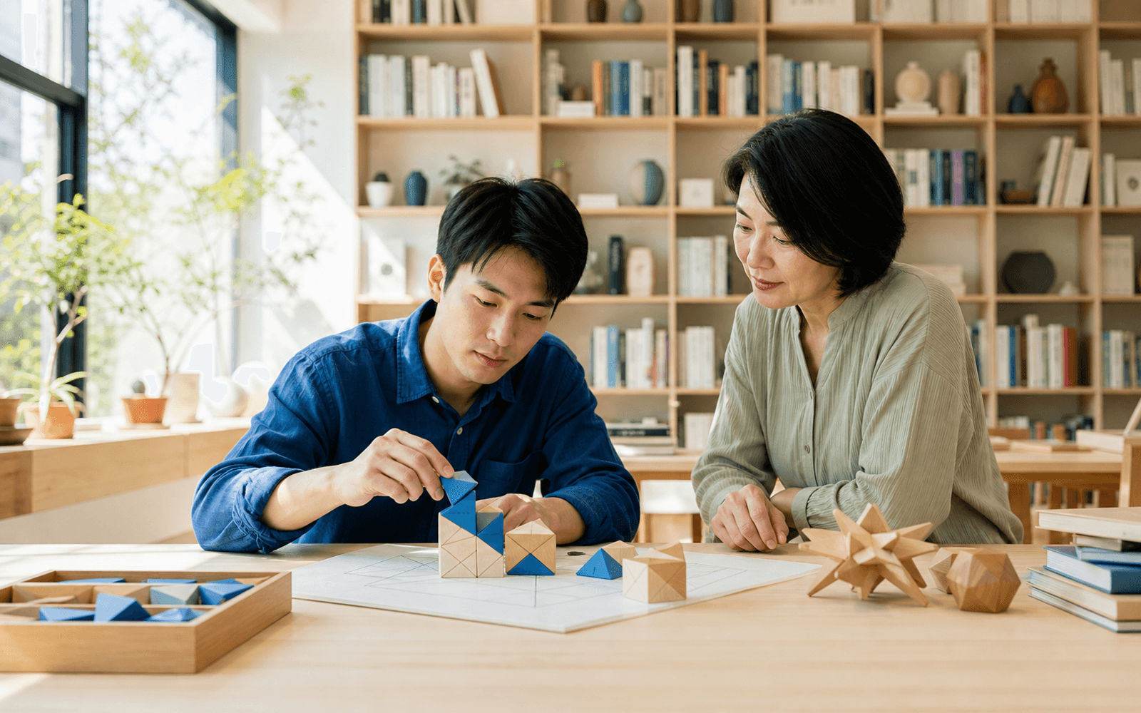An adult learner arranges a small set of geometric models with an educator in a sunlit university learning studio