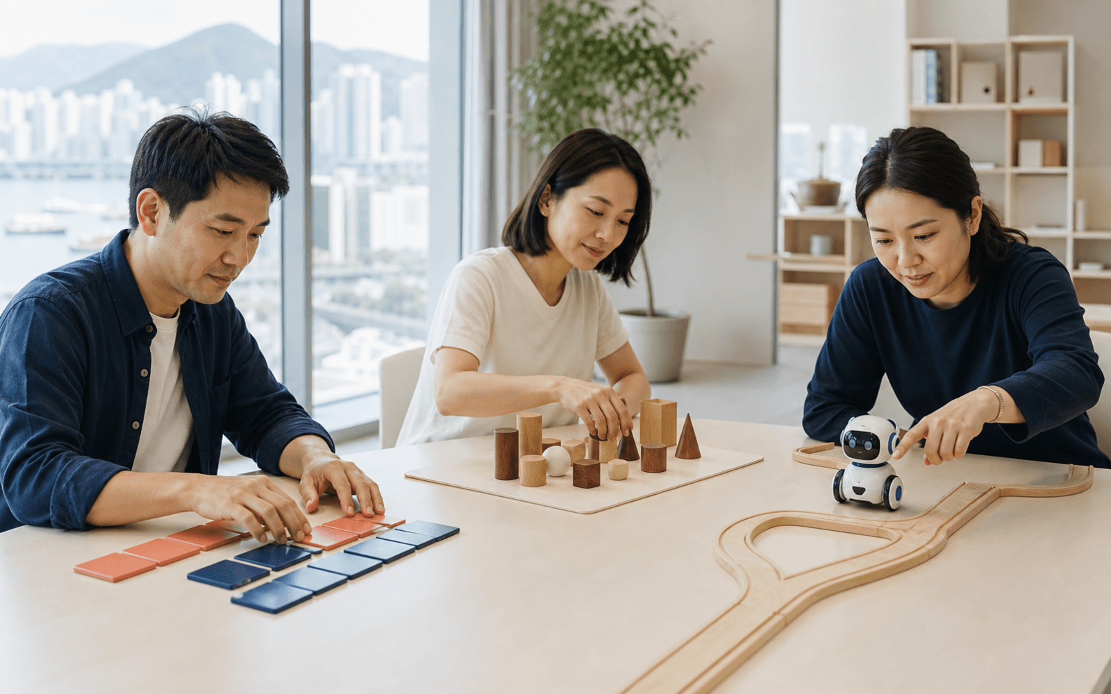 Three adult learners compare paired ceramic tiles, grouped wooden forms, and a small wheeled robot at separate stations in a daylight learning laboratory