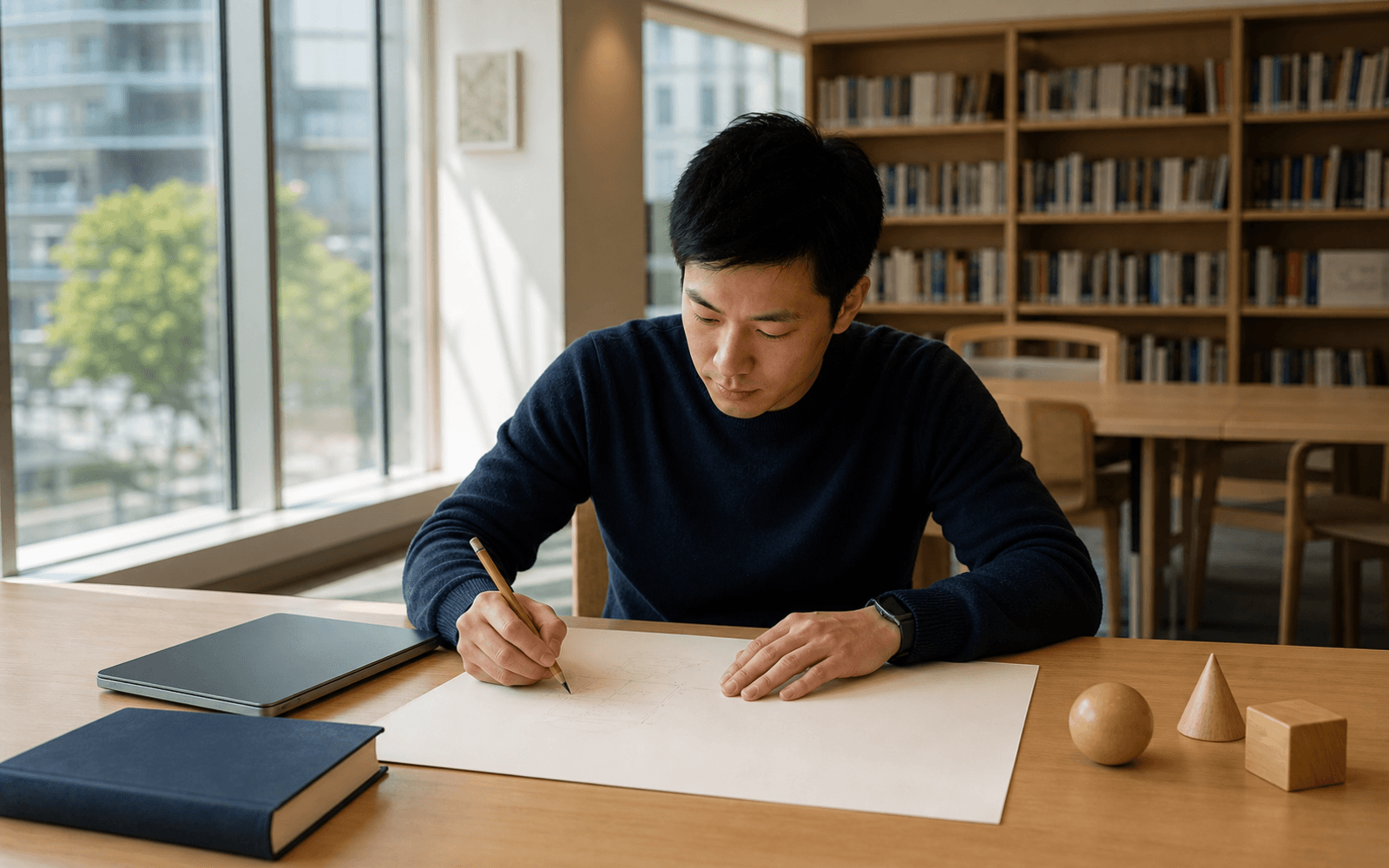 An adult learner writes from memory on a blank sheet beside a closed book and laptop at a quiet library table