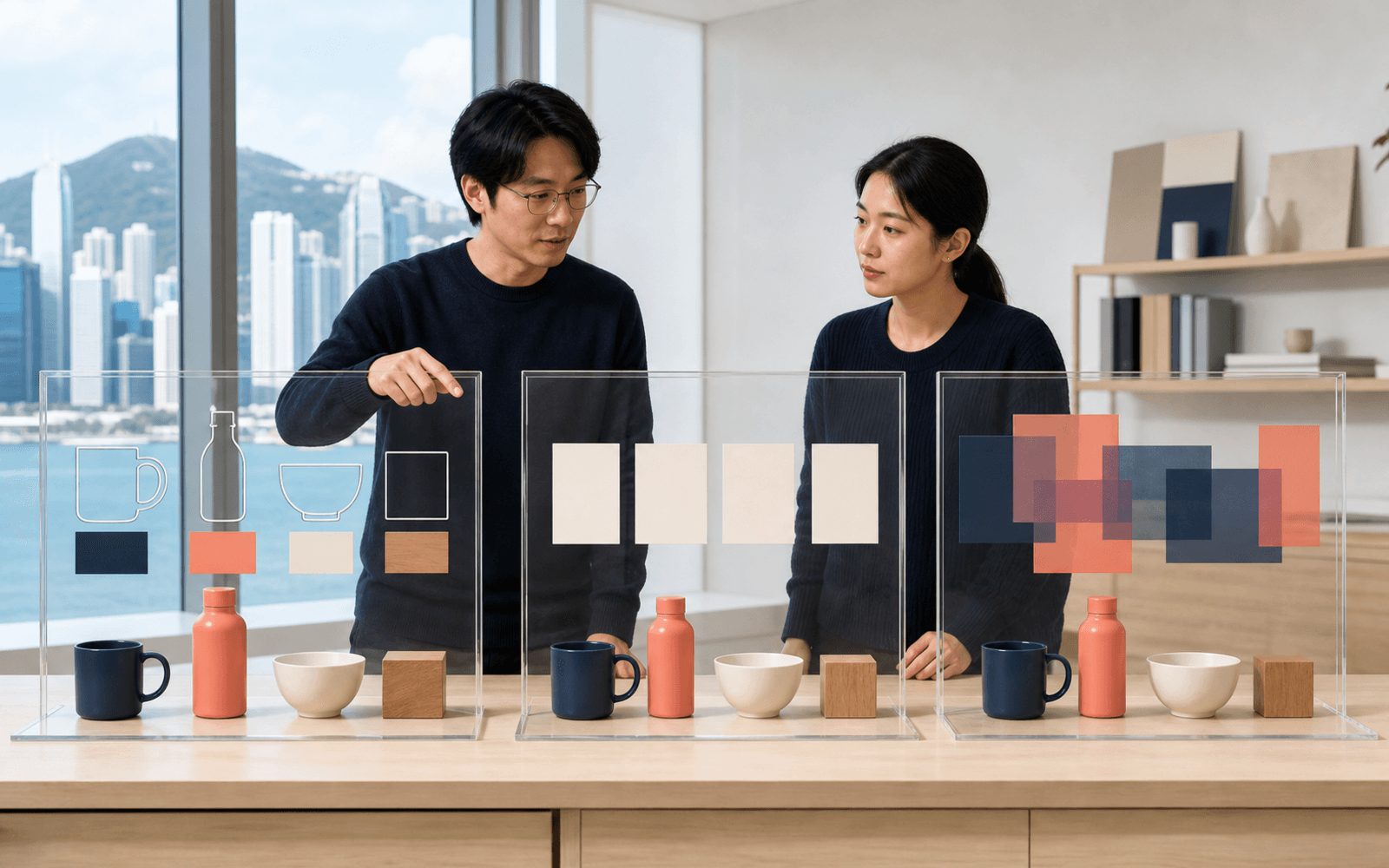 Two education researchers compare a small set of physical objects through clear measuring frames and a separate stack of blank category cards on a pale studio table