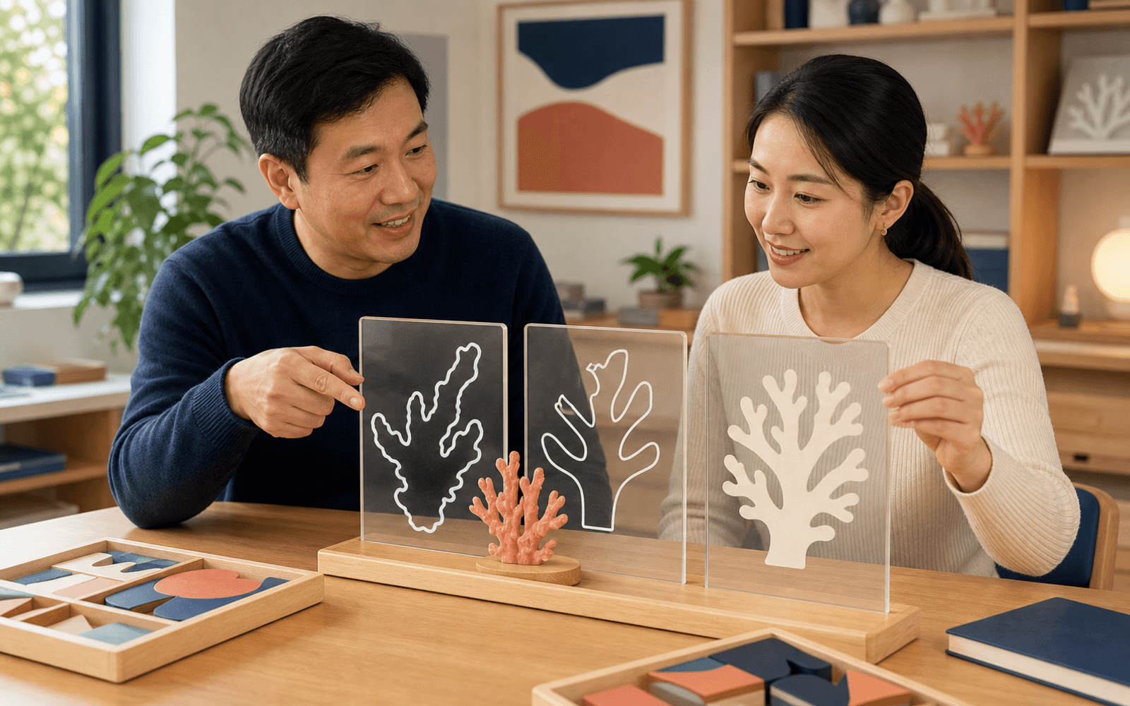 An educator and adult learner compare a coral object with transparent overlays showing its outline, shape, and recognizable pattern
