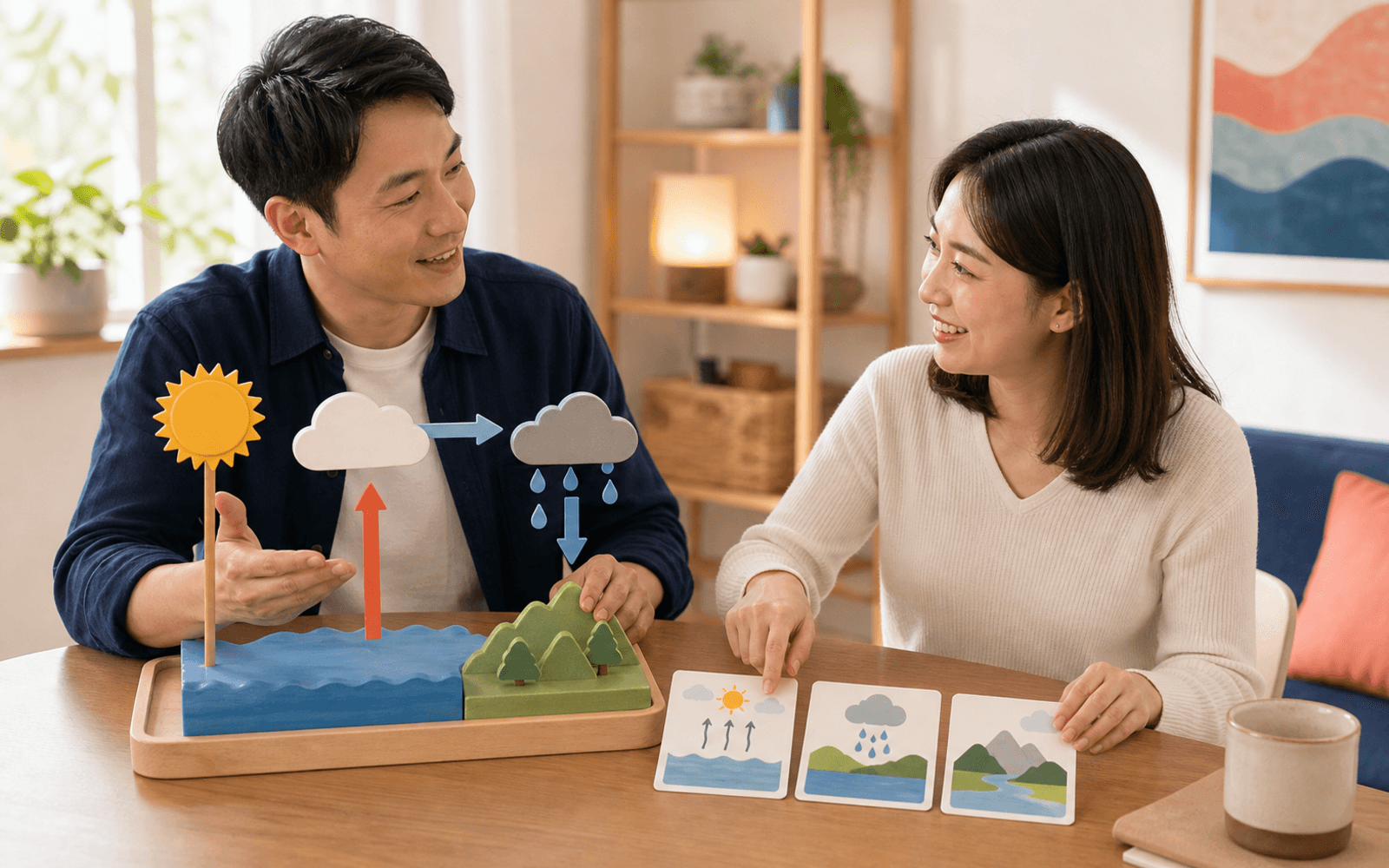 An educator and adult learner coordinate a simple physical process model with a concise spoken explanation in a bright media studio