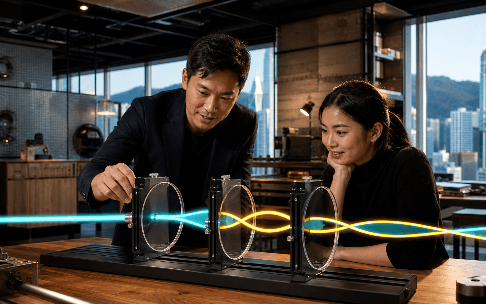 An educator adjusts a tabletop optical device while an adult learner watches cyan and amber light paths pass through three glass lenses