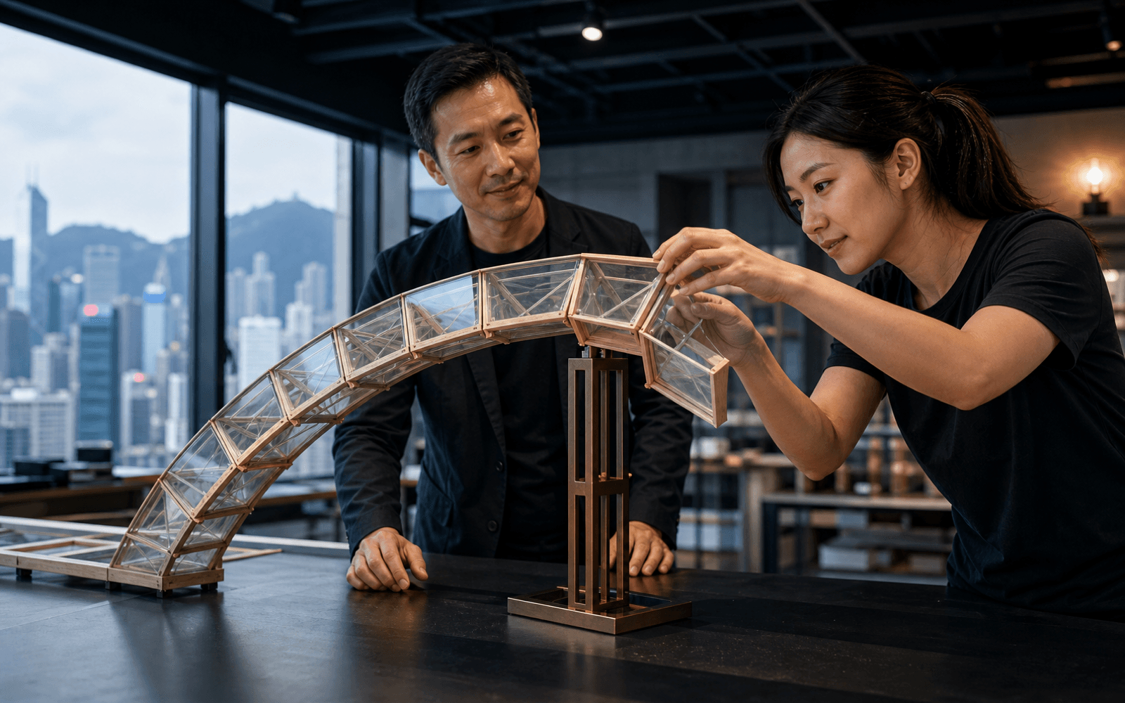 An educator watches an adult learner add a glass-and-wood segment to an arch resting on a removable bronze support in a Hong Kong maker lab