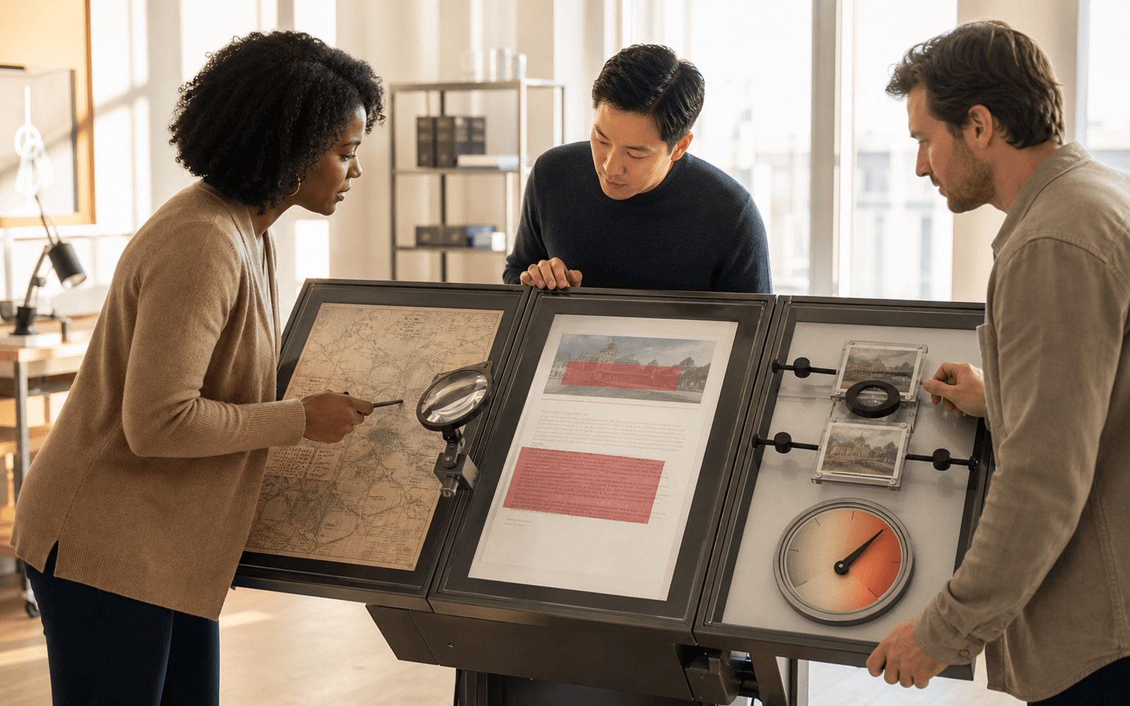 A Black educator, an East Asian learner, and a White learner inspect maps, evidence panels, magnifiers, and a confidence gauge on a three-part verification console