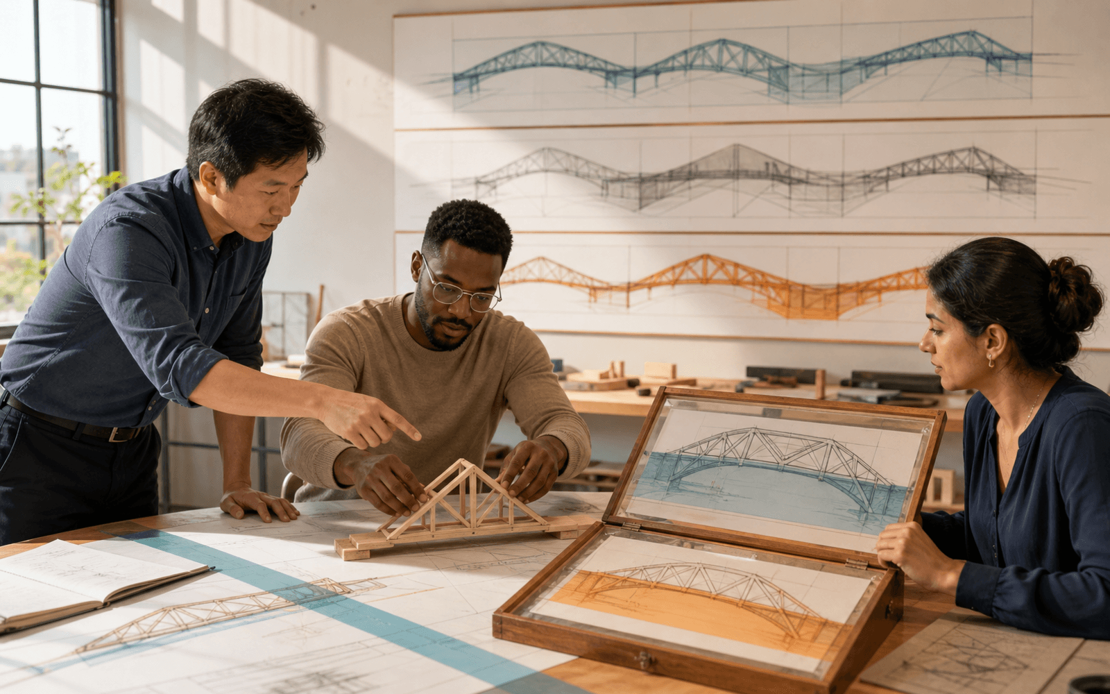 An East Asian educator and Black and South Asian adult learners compare a wooden bridge model with planning, monitoring, and revision diagrams