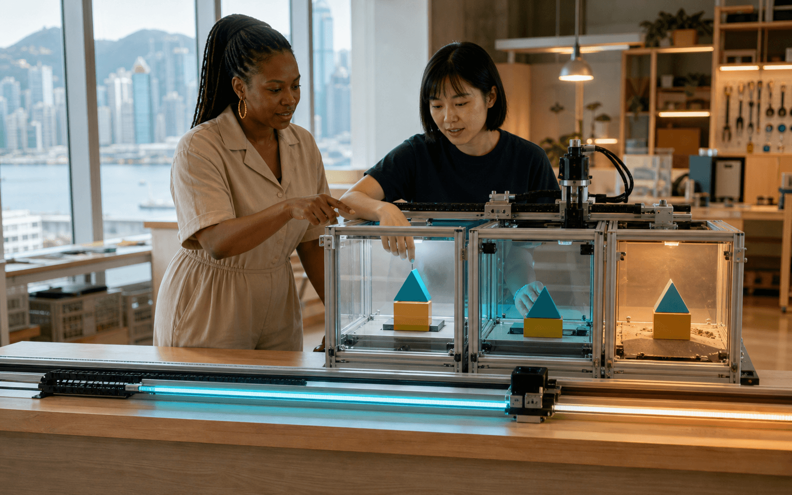 A Black educator and an East Asian adult learner inspect repeated geometric test objects inside a three-compartment technology evaluation apparatus