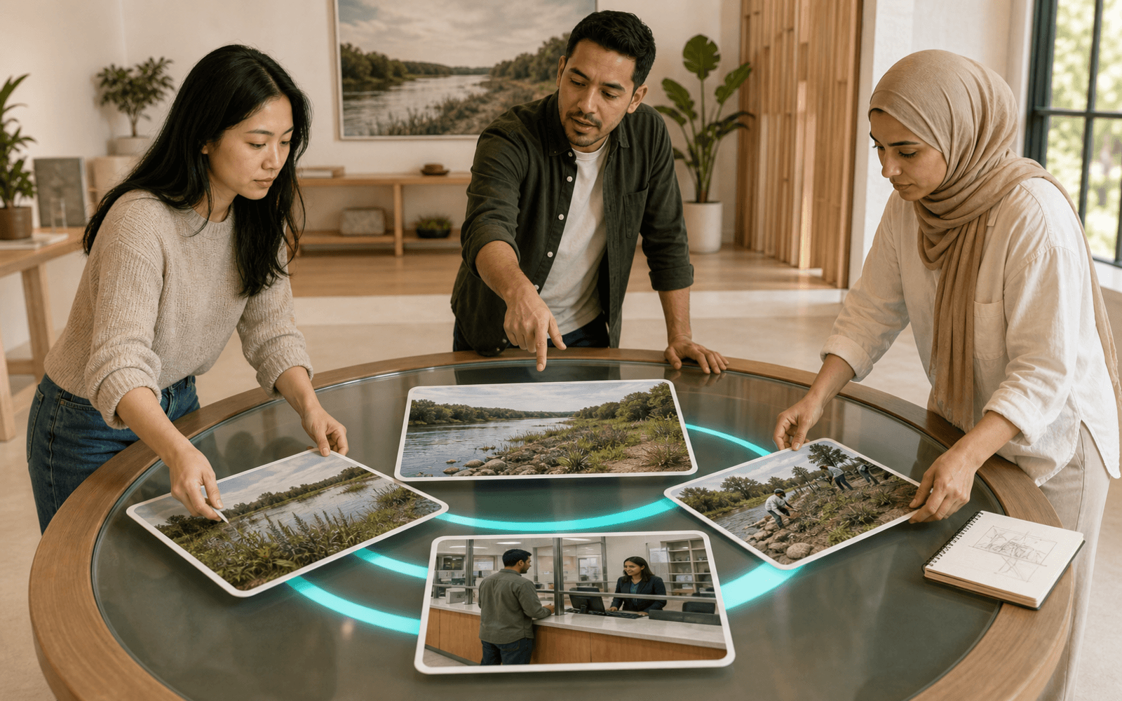 A Latino educator and East Asian and Middle Eastern adult learners compare a riverbank query image with three candidates linked by sparse cyan similarity bands