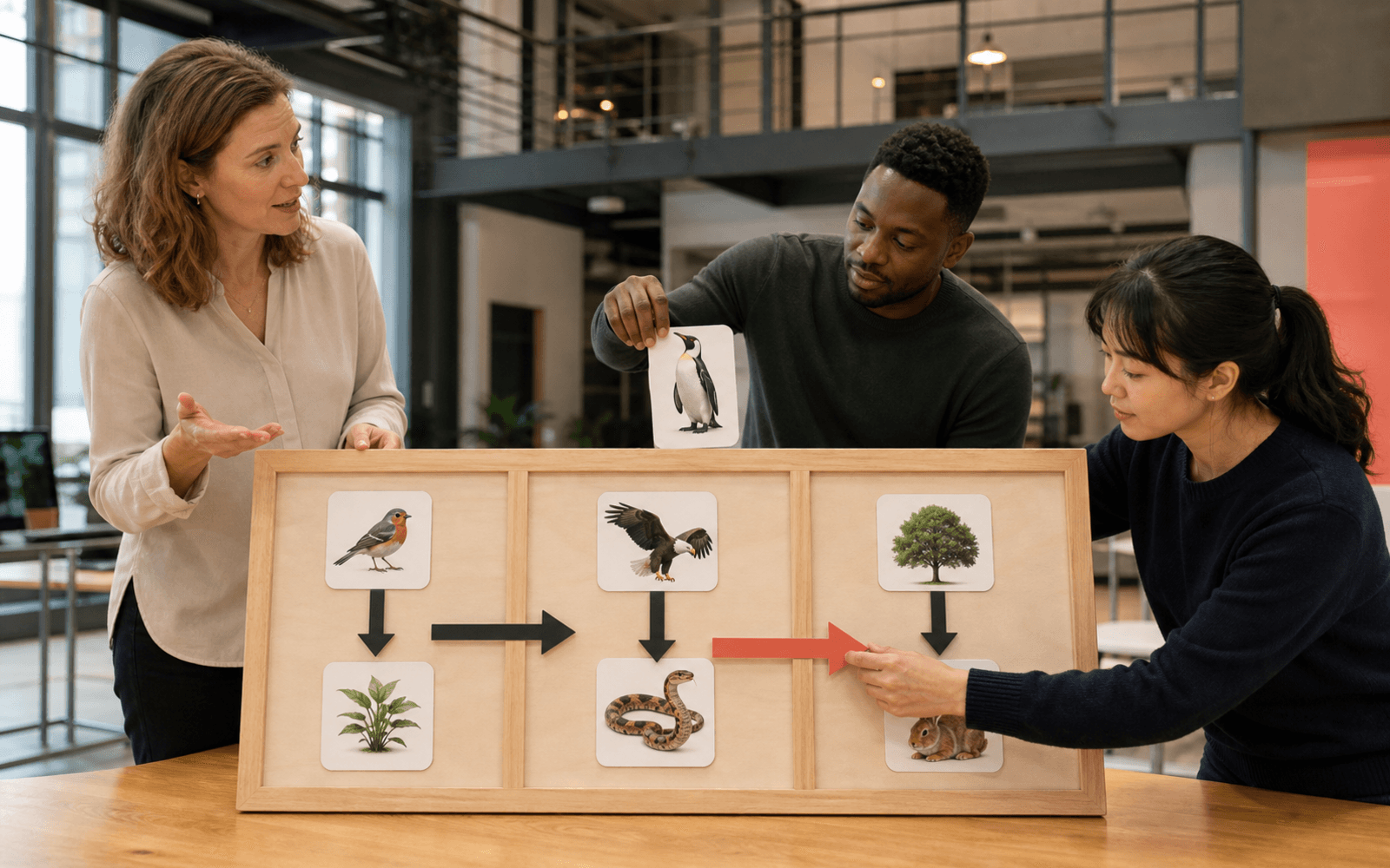 A White educator and Black and East Asian adult learners reorganize illustrated animal and plant cards across a three-part wooden knowledge frame