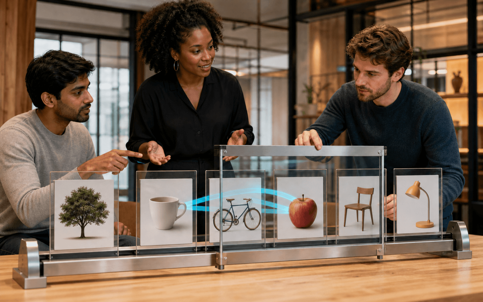 A Black educator and South Asian and White adult learners inspect six object-image panels and cyan attention paths inside a movable glass context frame