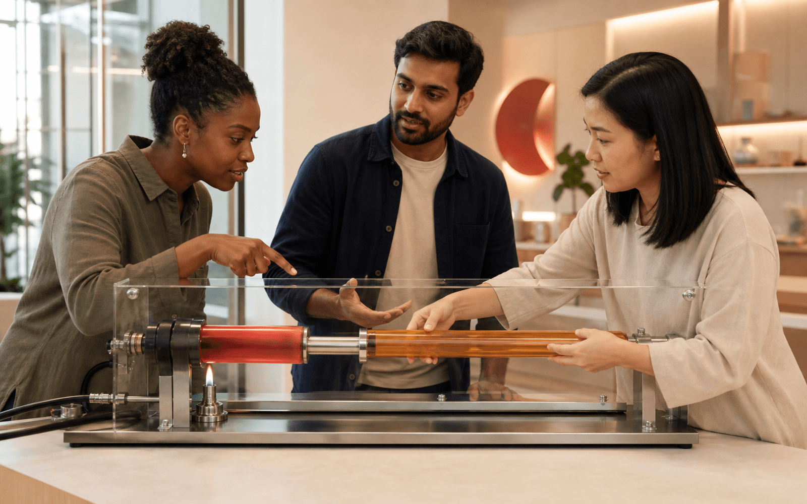 A Black learner, South Asian educator, and East Asian learner compare red and amber heat-transfer models around a glass-enclosed metal rod