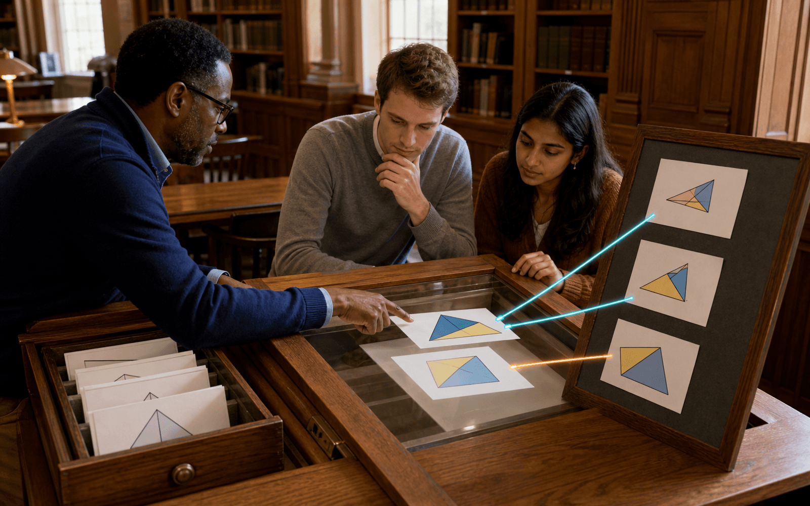 A Black educator and White and South Asian adult learners trace geometric source sheets from an archive drawer through a glass evidence window to a response board