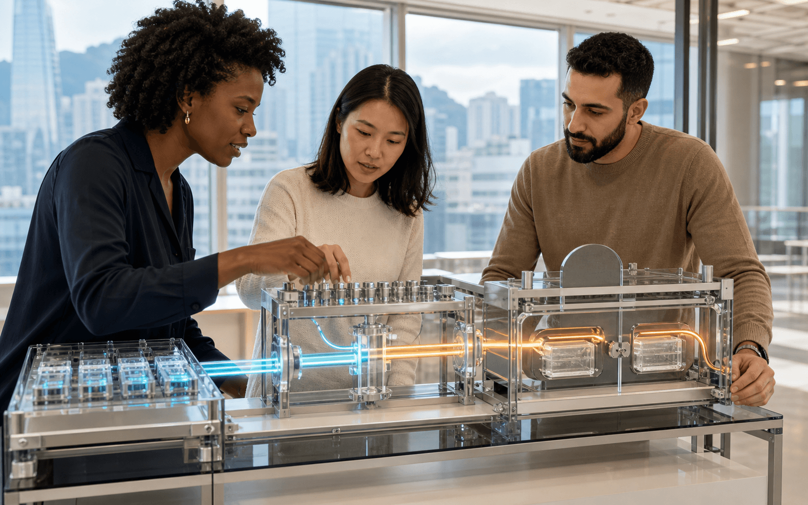 A Black educator and East Asian and Middle Eastern adult learners adjust a transparent three-stage training apparatus with blue and amber light paths in a Hong Kong lab