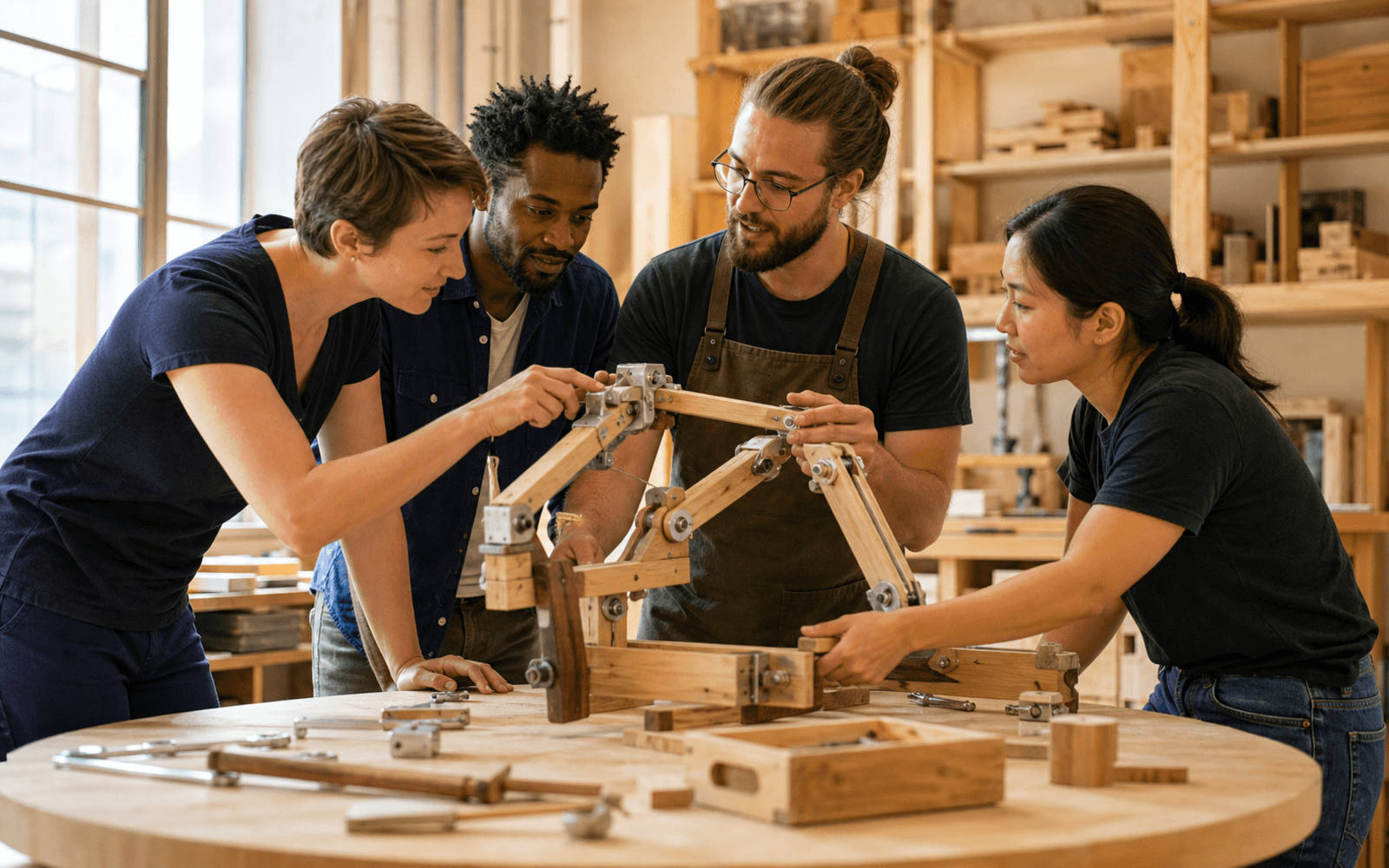 Four racially diverse adult educators and learners assemble a functional timber-and-metal mechanism together around a circular maker workbench