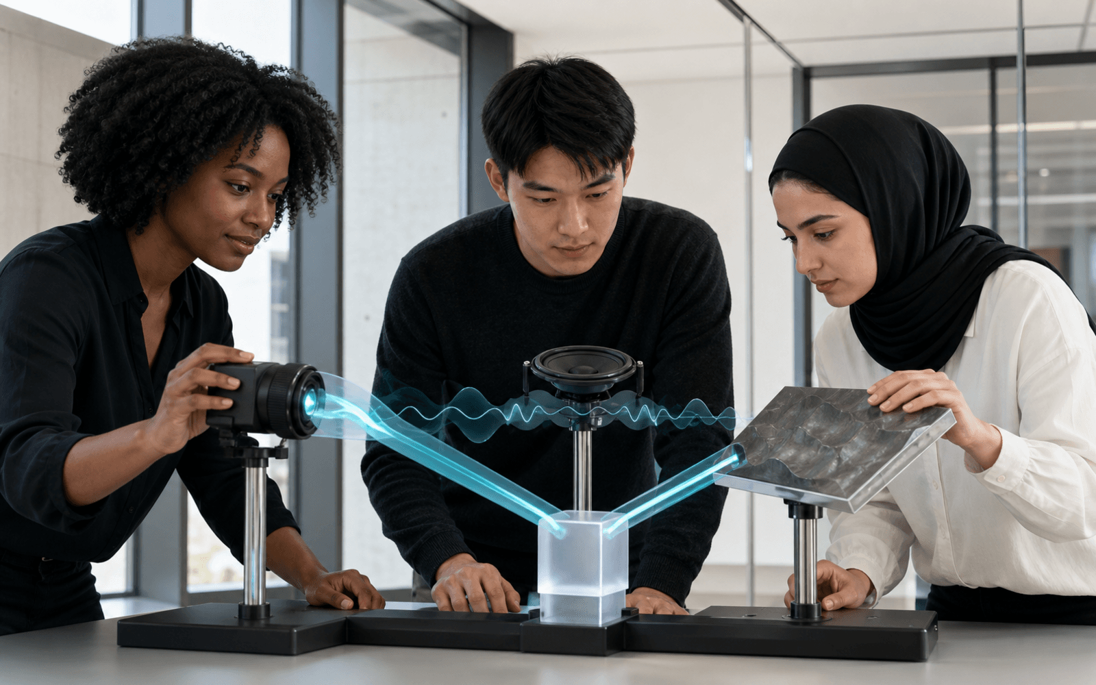A Black woman, an East Asian man, and a Middle Eastern woman examine a camera, speaker waveform, and textured plate connected through a glass prism