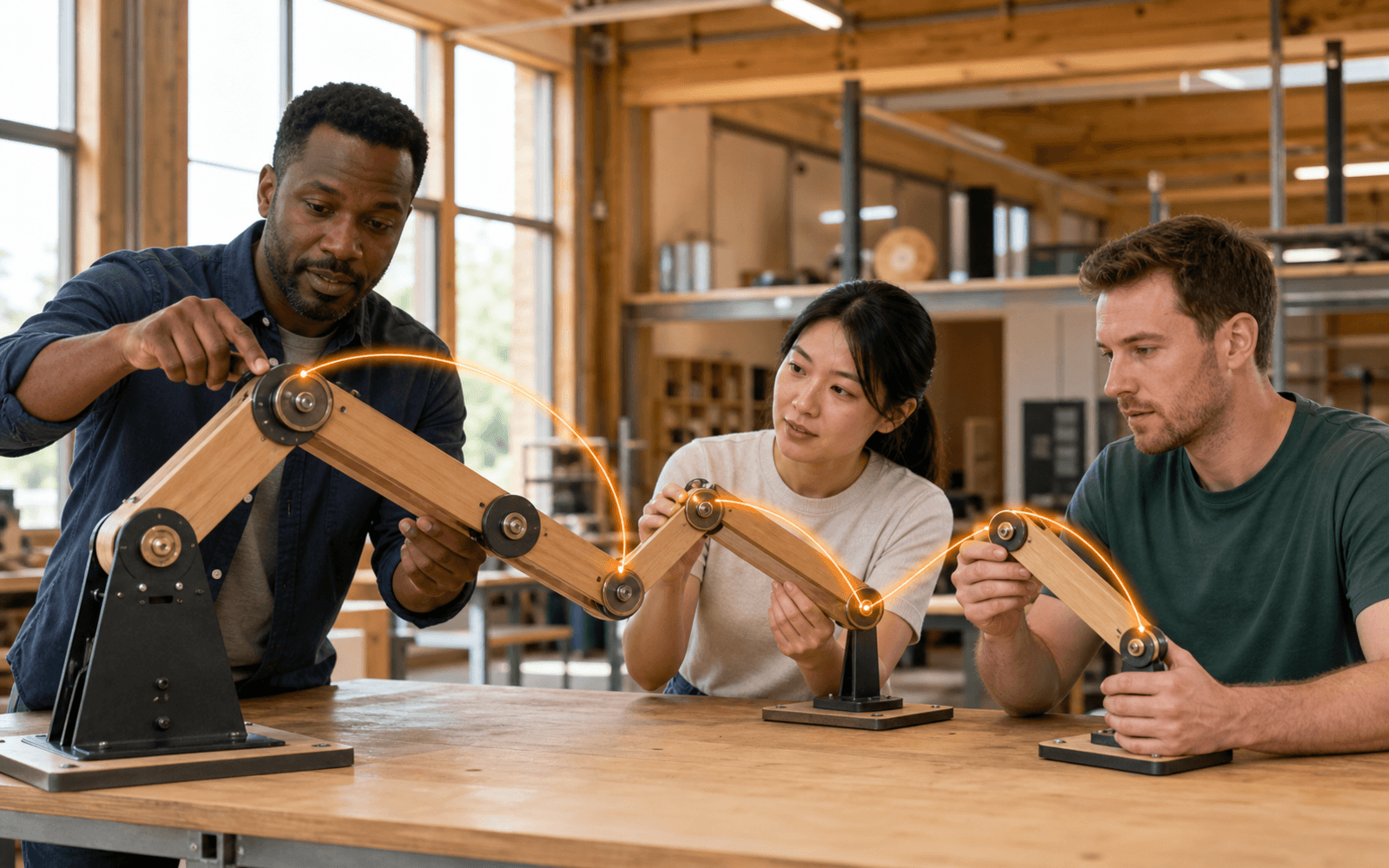 A Black man demonstrates an articulated wooden arm while an East Asian woman and a White man reproduce the movement on smaller models