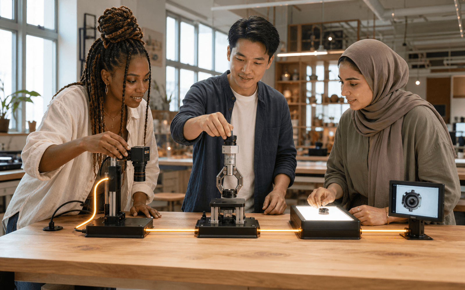 A Black woman, an East Asian man, and a Middle Eastern woman operate a camera, mechanical gripper, and inspection light table connected by an amber line