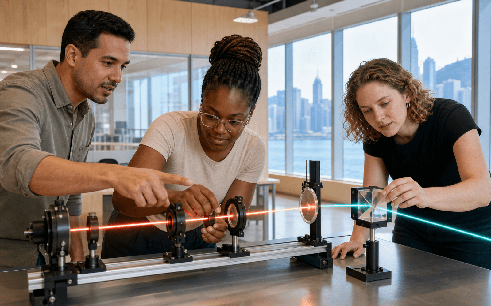 A Latino man guides a Black woman aligning optical lenses while a White woman extends a teal beam through a prism