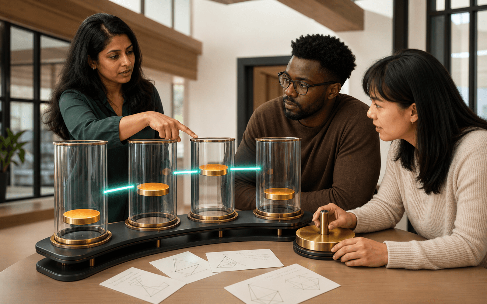 A South Asian woman points to four glass chambers with amber disks while a Black man and East Asian woman study the connected learner-model apparatus