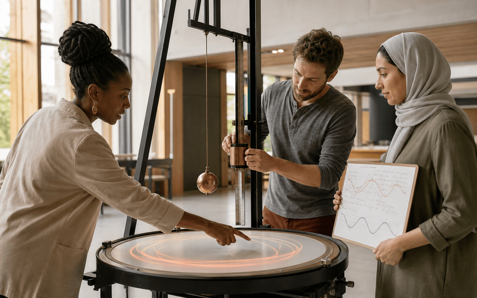 A Black woman points to coral pendulum traces while a White man adjusts the counterweight and a Middle Eastern woman holds a board of hand-drawn curves