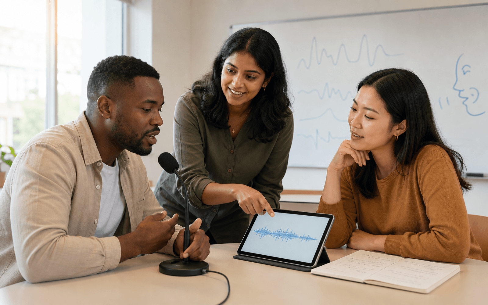 A South Asian woman teacher guides a Black man using a studio microphone while an East Asian woman learner compares a waveform on a tablet with a notebook containing meaningful sound diagrams