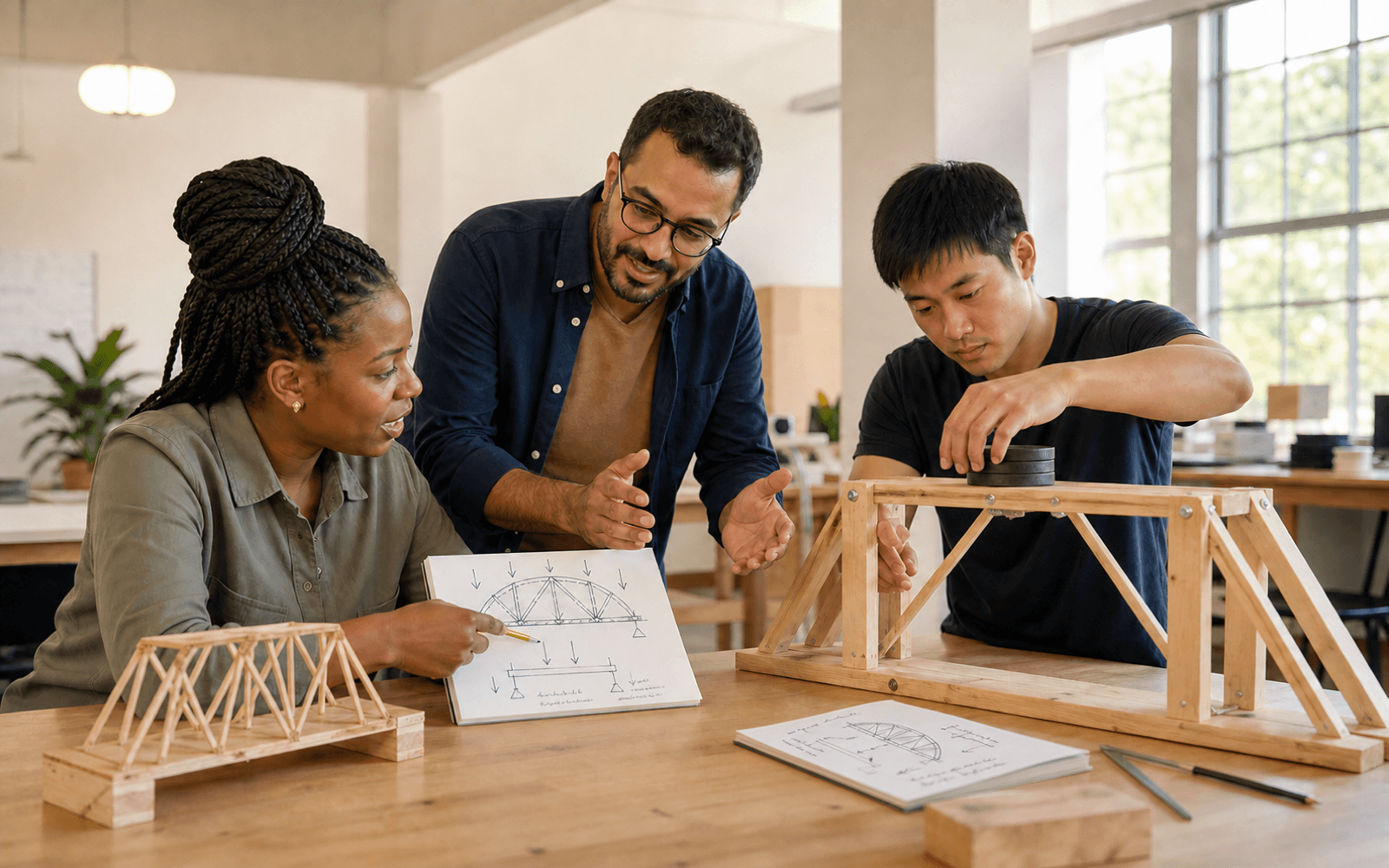 A Middle Eastern man teacher guides a Black woman and an East Asian man as they compare a small bridge model with a larger bridge model beside a meaningful hand-drawn force sketch