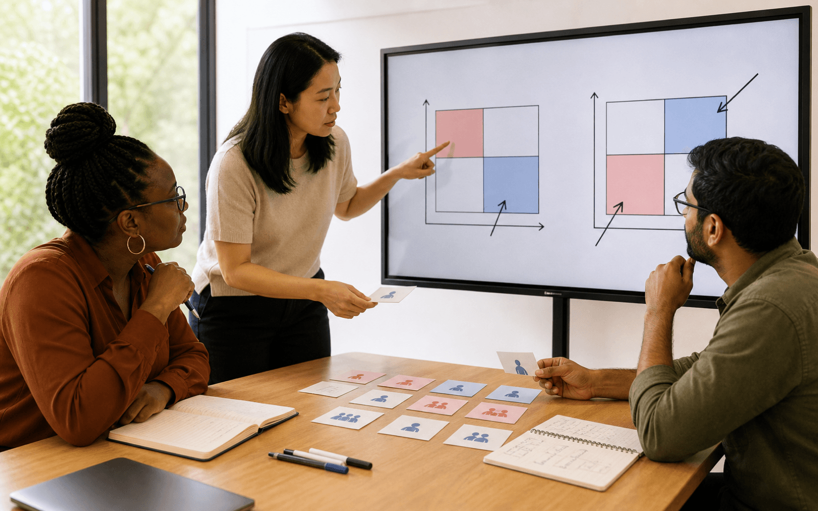 An East Asian woman teacher guides a Black woman and a South Asian man as they compare two sparse outcome diagrams with meaningful evidence cards on a classroom table