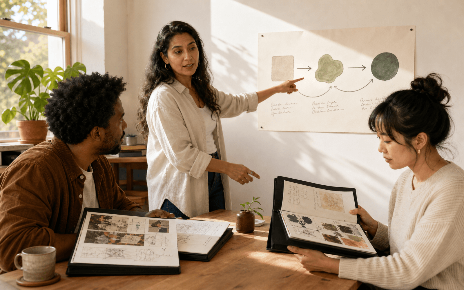 A woman teacher points to a three-stage pathway diagram while a Black man and an East Asian woman review illustrated learning portfolios at a classroom table