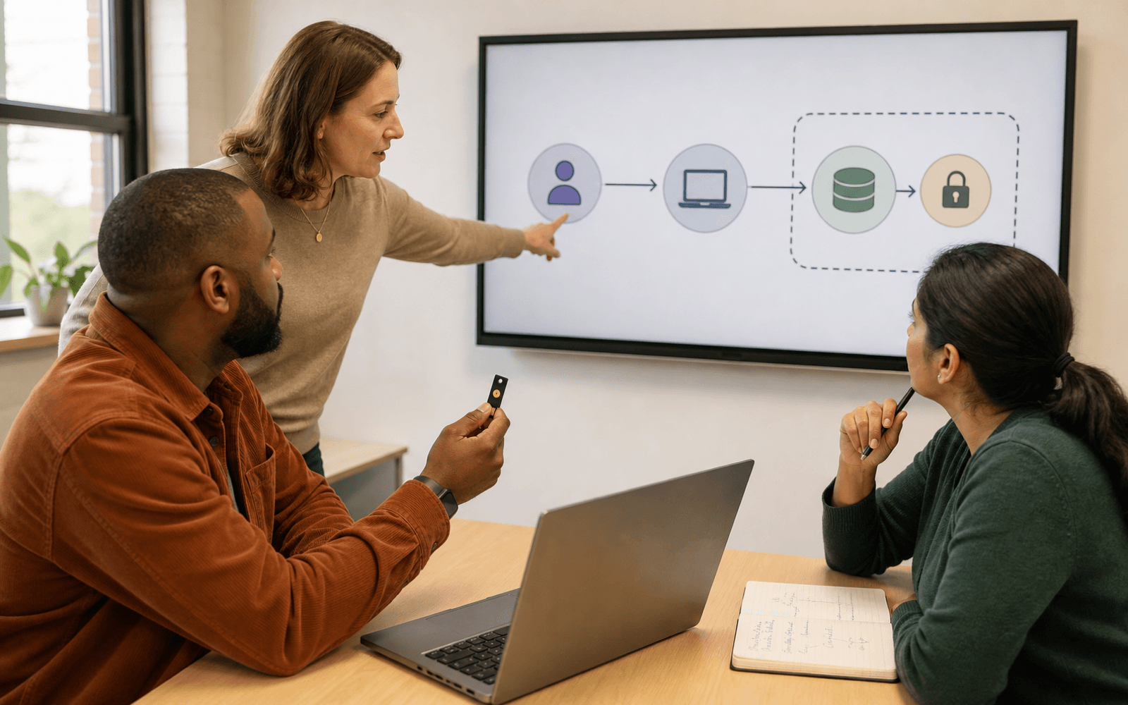 A White woman teacher guides a Black man holding a security key and an Asian woman learner as they trace a sparse data-flow diagram beside a notebook containing a meaningful system sketch
