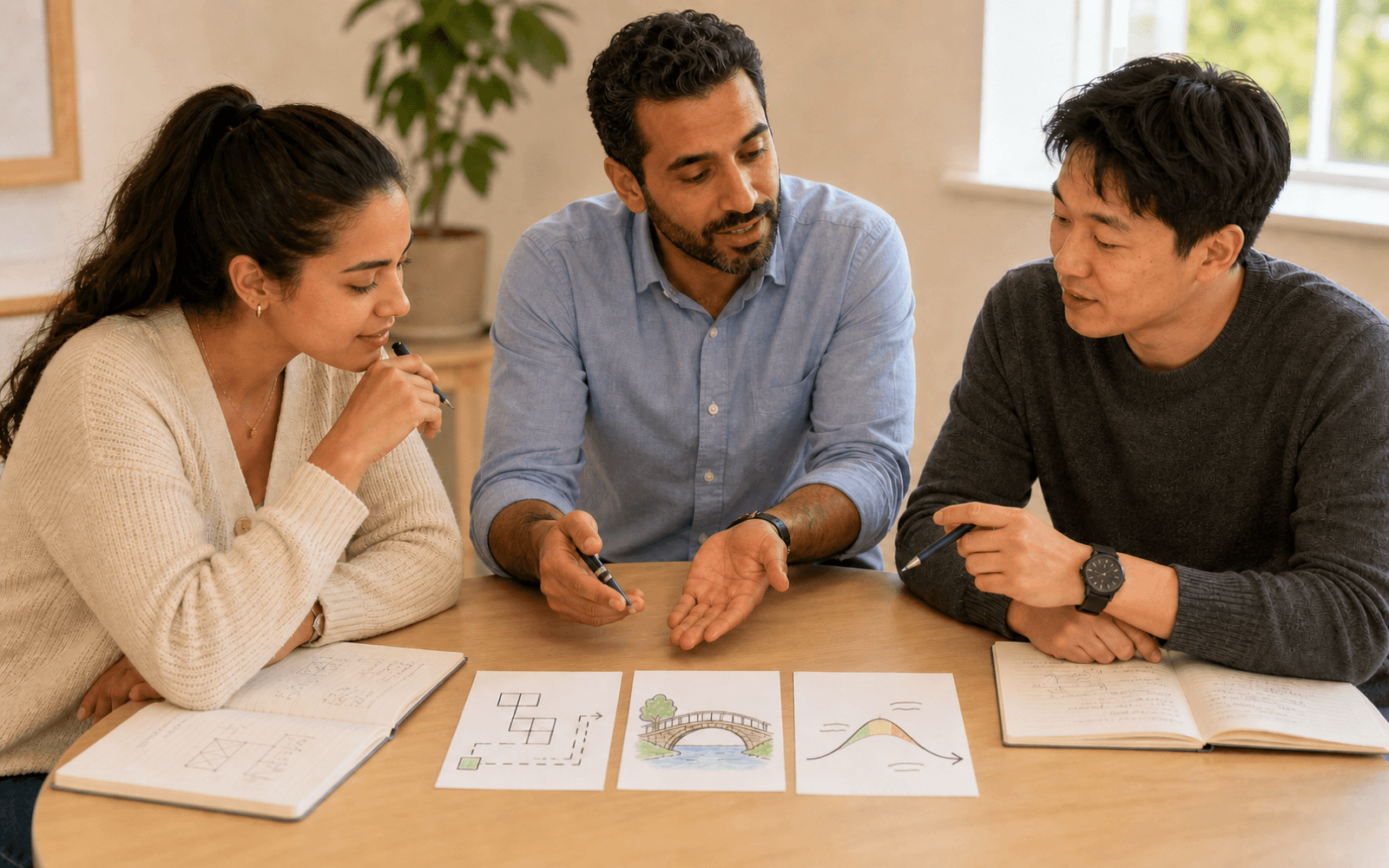 A teacher works with two adult learners as they compare three diagram cards showing a block path, a bridge, and a rise-and-fall curve beside illustrated notebooks