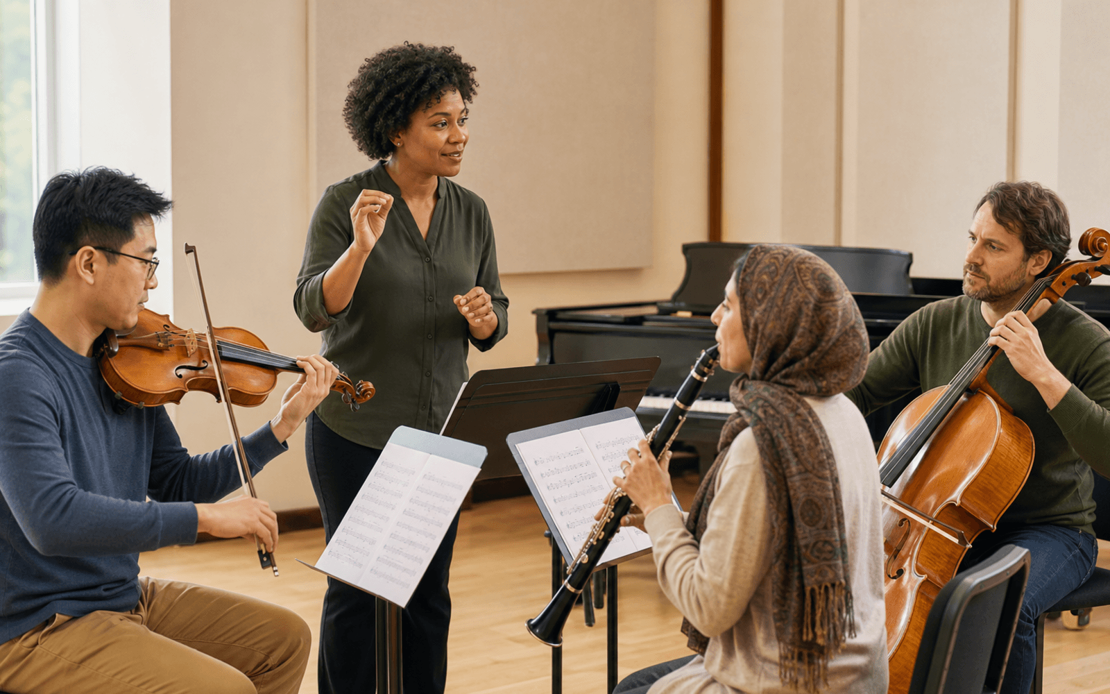 A Black woman music teacher guides an East Asian violinist, a hijab-wearing clarinetist, and a White cellist rehearsing in a bright studio