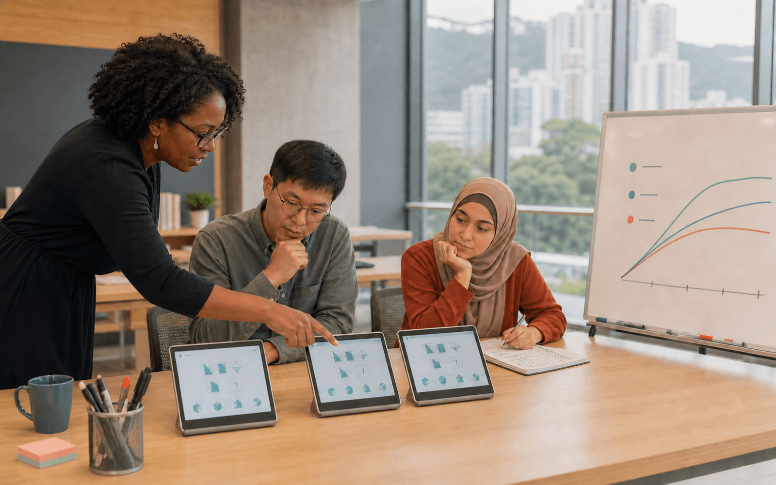 A Black woman educator points to one of three tablets showing matching geometric tasks while an East Asian man and a hijab-wearing woman compare results beside a hand-drawn line chart in a bright Hong Kong workshop