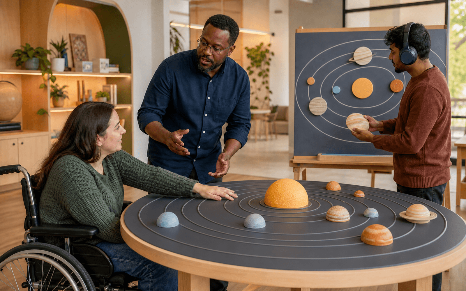 A Black man teacher guides a wheelchair-using White woman and a South Asian man with headphones as they explore a raised solar-system model and matching orbit board in a warm learning studio