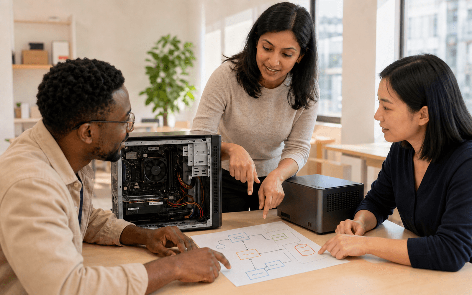 A South Asian woman educator and two adult learners compare an open computer chassis, a sealed computing appliance, and a text-free hand-drawn flow diagram in a bright studio