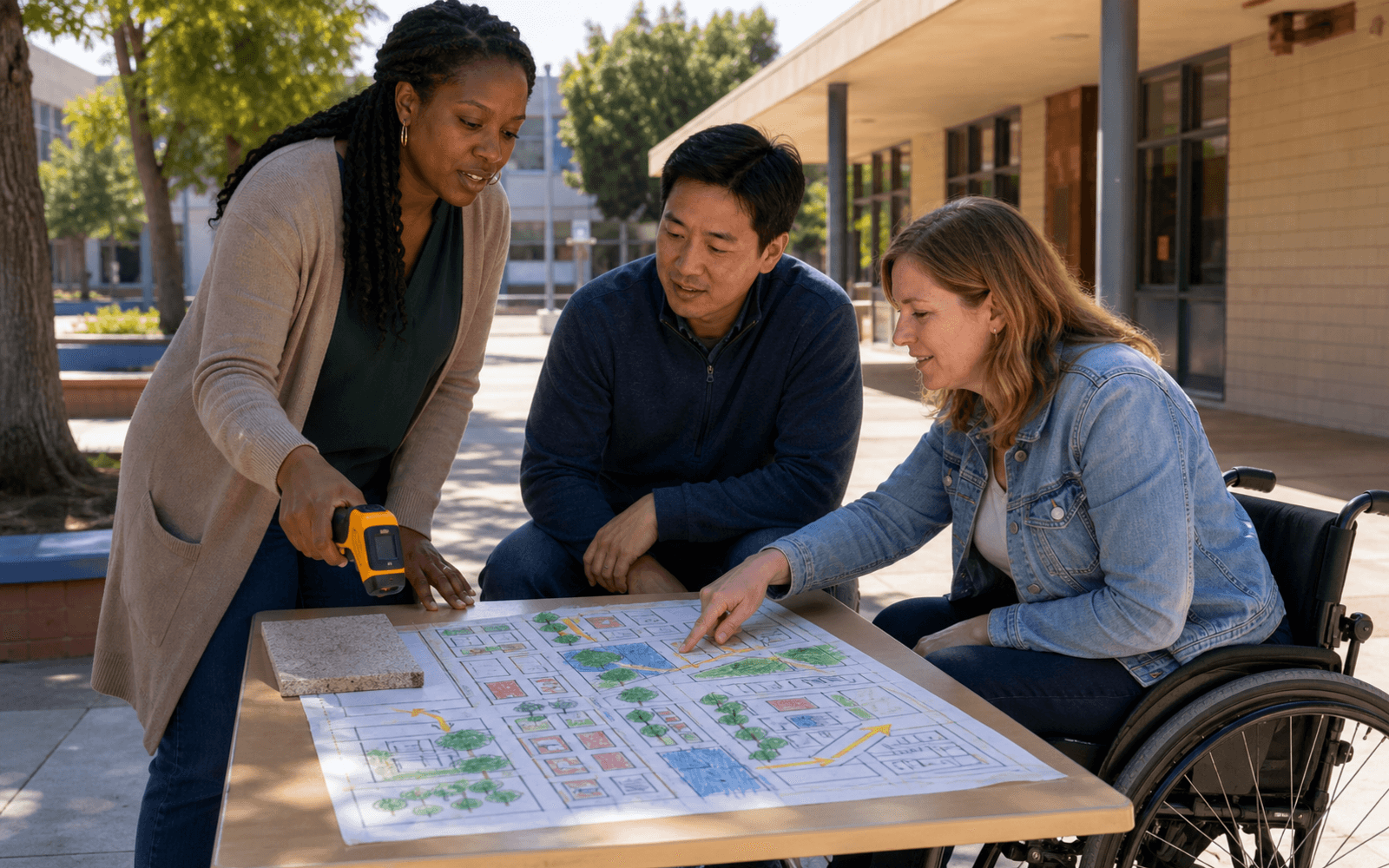 A Black woman educator uses an infrared thermometer while an East Asian man and a White wheelchair user study a hand-drawn neighborhood map during an outdoor heat and shade investigation