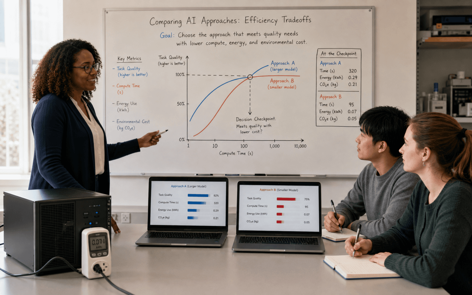A Black woman engineering teacher and East Asian and White adult learners compare a small server, an energy meter, and a hand-drawn efficiency chart in a bright laboratory