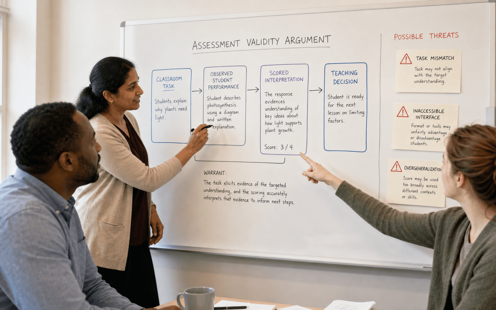 A South Asian woman assessment specialist guides a Black man teacher and a White woman student as they connect classroom evidence to a hand-drawn validity argument