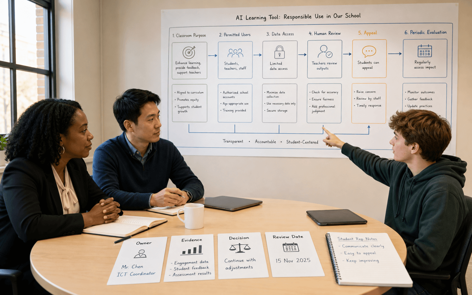 A Black woman school leader, an East Asian man teacher, and a White woman student representative review an AI use map and accountability cards in a bright meeting room