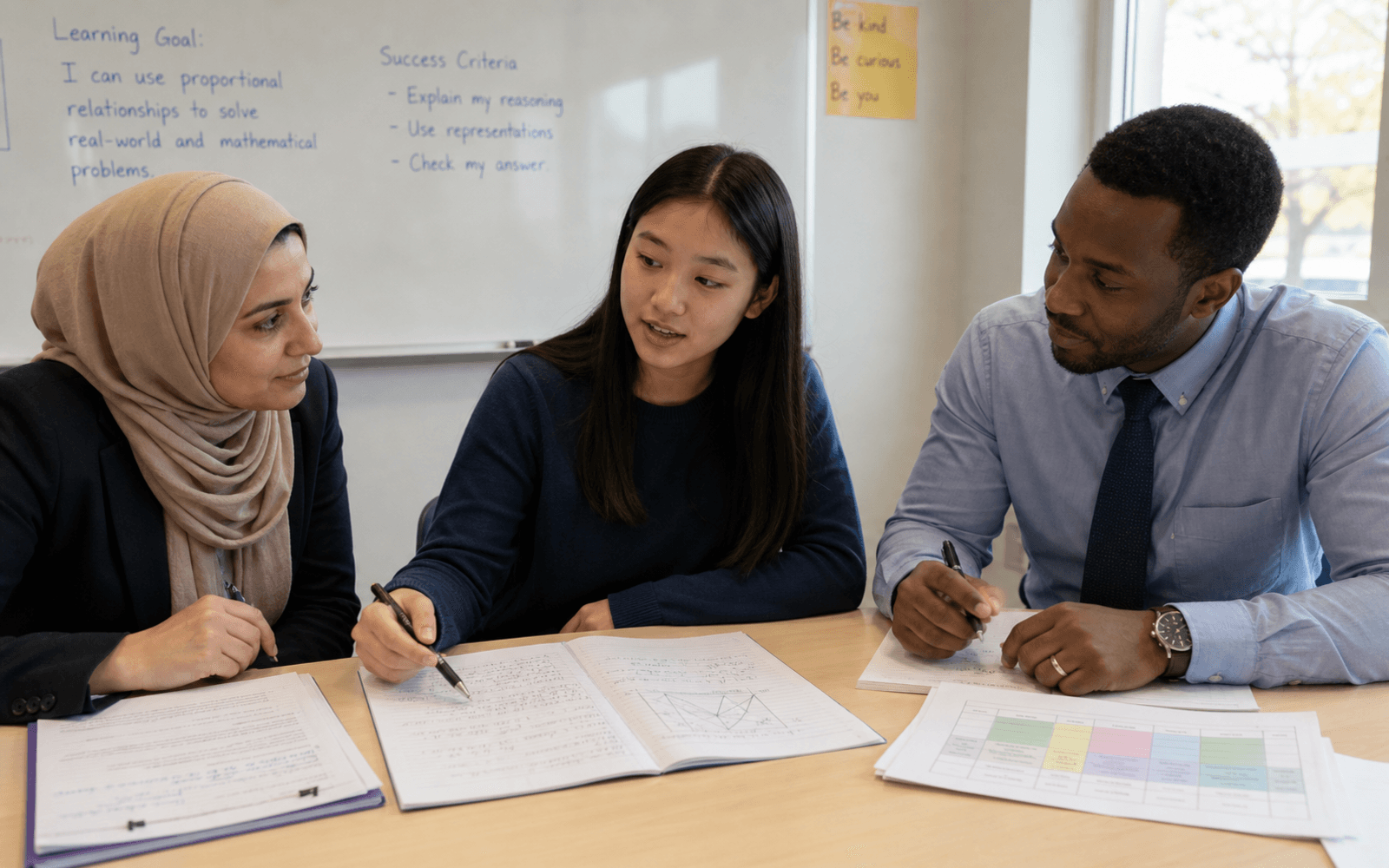 A Middle Eastern woman teacher and Black man colleague examine student work, classroom observations, and a curriculum map while an East Asian student explains her reasoning