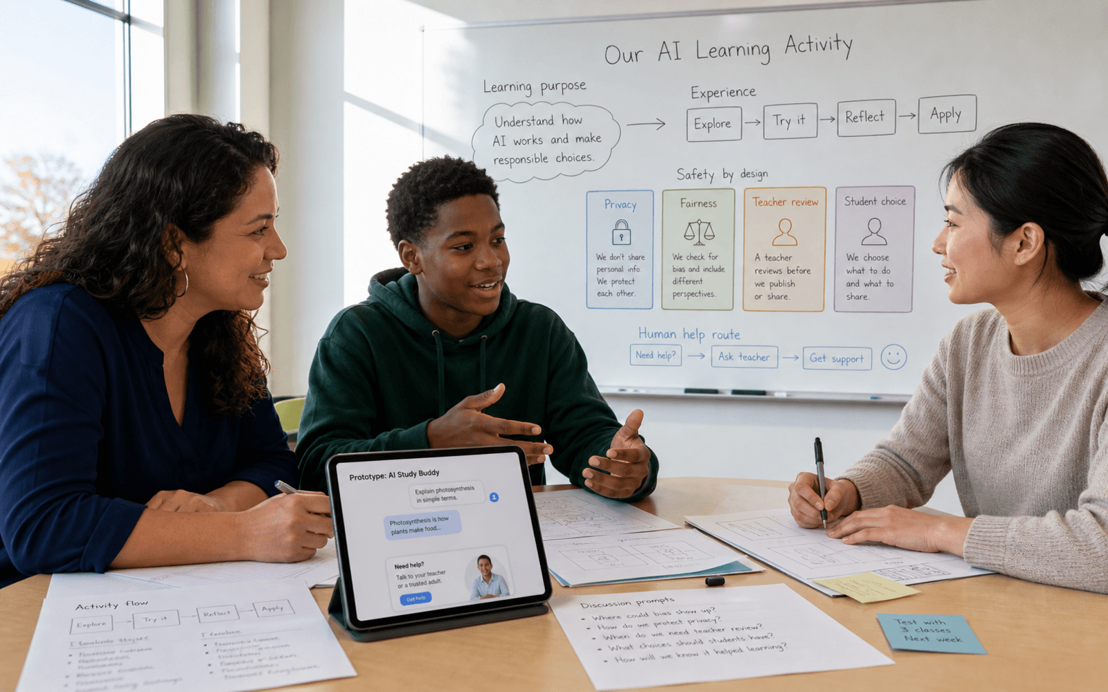 A Latina teacher, a Black teenage learner, and an East Asian product designer co-design an AI learning activity using a purpose map, safety cards, and a working prototype