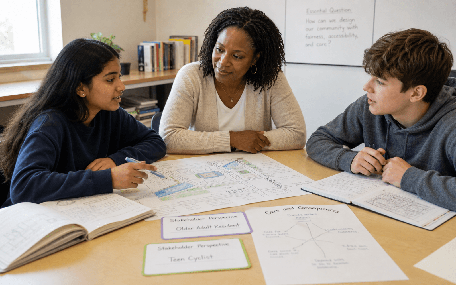 A Black woman teacher listens closely as a South Asian girl and White boy discuss a community project around a table with meaningful sketches and reflection notes