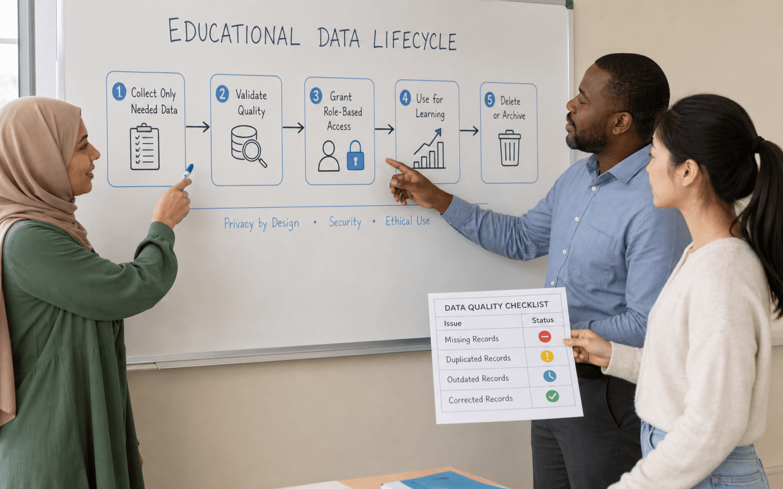 A Middle Eastern woman data steward, a Black man teacher, and an East Asian woman student trace approved educational data through a quality checklist and lifecycle map