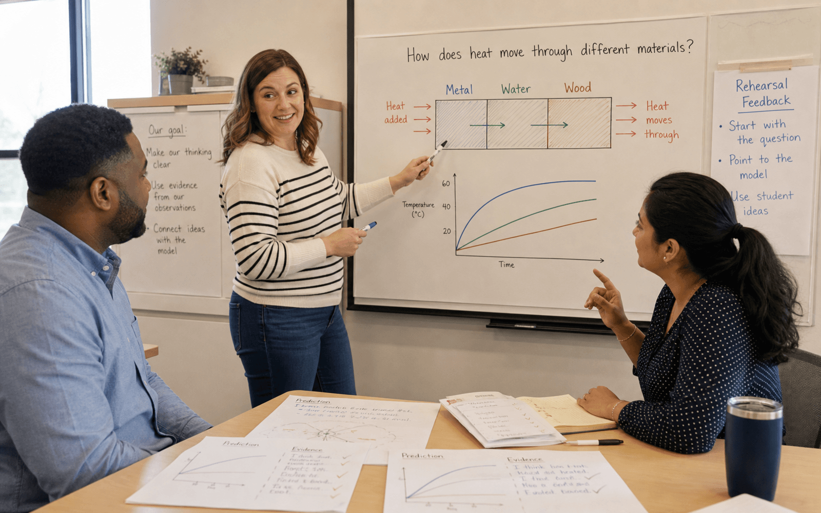 A White woman teacher, Black man colleague, and South Asian instructional coach analyse student work and rehearse a science explanation beside a meaningful lesson diagram